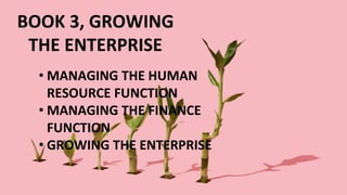 BOOK 3, GROWING
THE ENTERPRISE
• MANAGING THE HUMAN
RESOURCE FUNCTION
• MANAGING THE FINANCE
FUNCTION
• GROWING THE ENTERPRISE
 