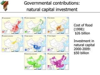 Governmental contributions:
natural capital investment
Investment in
natural capital
2000-2009:
$50 billion
Cost of flood
(1998):
$26 billion
 