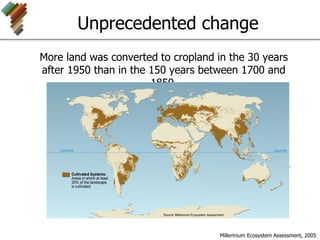 Unprecedented change
More land was converted to cropland in the 30 years
after 1950 than in the 150 years between 1700 and
1850.
Millennium Ecosystem Assessment, 2005
 