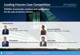 ENDESA:	Sustainable	solutions	and	applications
for	the	sale	of	electric	vehicles
10	April	2018 Leading	Futures	2016	|	Endesa	Case 1
Ryan	DREHER
Canada	| MBA	co2018	| Energy
Genevieve	DUMORNE
Haiti/USA	| MBA	co2018	| Technology
Karol	KALEJTA
Canada/Poland	| MBA	co2018	| Financial	Services
Adrien	STERN
USA/Switzerland	| MBA	co2018	| Financial	Services
Leading	Futures	Case	Competition
The	Fly	Futures
 