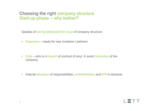 Tekst og billede
maks 2 linjer
nktopstilling
e mellem de
e-designede
eauer, klik på
e listeniveau’
me tilbage til
e tekstniveau
e listeniveau
t nyt billede
ik på billedet
ageShopper
vælg billede
t image’knap
lik på billede
acer bagerst’
år maksimalt
maginal 7,00
Choosing the right company structure
Start-up phase – why bother?
5
Upsides of having addressed the issue of company structure:
•  Expansion – ready for new investors / partners
•  Exits – who is in breach of contract (if any) à avoid dissolution of the
company
•  Internal allocation of responsibilities, profits/liabilities and IPR in advance
 
