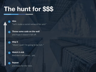 The hunt for $$$
Idea
"Let's make a social network for ants"
Throw some code on the wall
and hope it doesn't fall oﬀ.
Ship it
"Mom! Look! I'm going to be rich."
Watch it sink
And don't tell mom... yet.
Repeat
and hope for the best.
 
