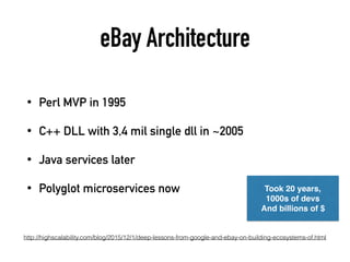 eBay Architecture
• Perl MVP in 1995
• C++ DLL with 3,4 mil single dll in ~2005
• Java services later
• Polyglot microservices now
http://highscalability.com/blog/2015/12/1/deep-lessons-from-google-and-ebay-on-building-ecosystems-of.html
Took 20 years,
1000s of devs
And billions of $
 
