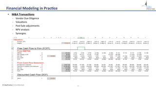 Financial	
  Modeling	
  in	
  Prac*ce	
  
•  M&A	
  Transac*ons	
  
-­‐ 
-­‐ 
-­‐ 
-­‐ 
-­‐ 

Vendor	
  Due	
  Diligence	...