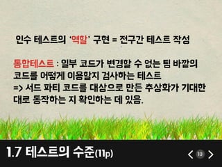 1.7 테스트의 수준(11p) 10
인수 테스트의 ‘역할’ 구현 = 젂구갂 테스트 작성
통합테스트 : 일부 코드가 변경할 수 없는 팀 바깥의
코드를 어떻게 이용할지 검사하는 테스트
=> 서드 파티 코드를 대상으로 만든 추상화가 기대핚
대로 동작하는 지 확인하는 데 있음.
 