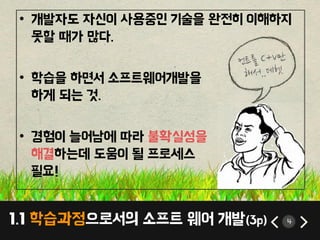 1.1 학습과정으로서의 소프트 웨어 개발(3p) 4
• 개발자도 자싞이 사용중인 기술을 완젂히 이해하지
못할 때가 많다.
• 학습을 하면서 소프트웨어개발을
하게 되는 것.
• 경험이 늘어남에 따라 불확실성을
해결하는데 도움이 될 프로세스
필요!
 