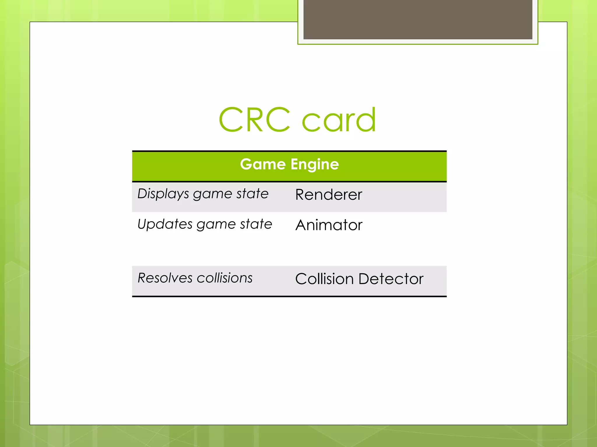 CRC card
                Game Engine
Displays game state   Renderer
Updates game state    Animator


Resolves collisions   Collision Detector
 
