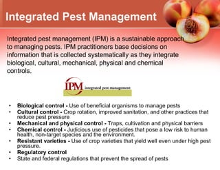 Biological control -  Use of beneficial organisms to manage pests Cultural control -  Crop rotation, improved sanitation, and other practices that reduce pest pressure Mechanical and physical control -  Traps, cultivation and physical barriers Chemical control -  Judicious use of pesticides that pose a low risk to human health, non-target species and the environment. Resistant varieties -  Use of crop varieties that yield well even under high pest pressure. Regulatory control State and federal regulations that prevent the spread of pests Integrated Pest Management Integrated pest management (IPM) is a sustainable approach to managing pests. IPM practitioners base decisions on information that is collected systematically as they integrate biological, cultural, mechanical, physical and chemical controls. 