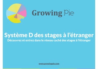 Système D des stages à l’étranger
Découvrez et entrez dans le réseau caché des stages à l’étranger
www.growingpie.com
Growing	
  Pie
 