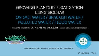 GROWING PLANTS BY FLOATIGATION
USING BIOCHAR
ON SALT WATER / BRACKISH WATER /
POLLUTED WATER / FLOOD WATER
DESIGN AND CONCEPT BY : DR. N. SAI BHASKAR REDDY | E-mail: saibhaskarnakka@gmail.com
WATER HARVESTING THROUGH EVAPORATION AND RAINWATER
Ver. 18TH JUNE 2015
 