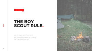 20
THE BOY
SCOUT RULE.
Leave the campsite cleaner than we found it.
Small, incremental improvements that cumulatively
make a large difference over time.
REFACTORING
 