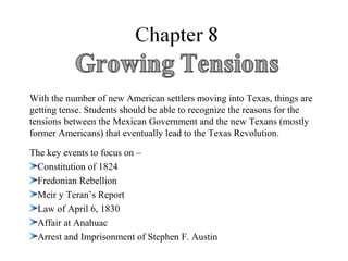 With the number of new American settlers moving into Texas, things are
getting tense. Students should be able to recognize the reasons for the
tensions between the Mexican Government and the new Texans (mostly
former Americans) that eventually lead to the Texas Revolution.
The key events to focus on –
Constitution of 1824
Fredonian Rebellion
Meir y Teran’s Report
Law of April 6, 1830
Affair at Anahuac
Arrest and Imprisonment of Stephen F. Austin

 