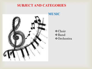 SUBJECT AND CATEGORIES
MUSIC

Choir
Band
Orchestra

 