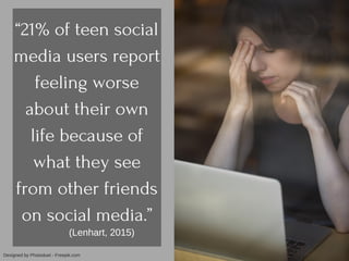 “21% of teen social
media users report
feeling worse
about their own
life because of
what they see
from other friends
on social media.”
Designed by Photoduet ­ Freepik.com
(Lenhart, 2015)
 