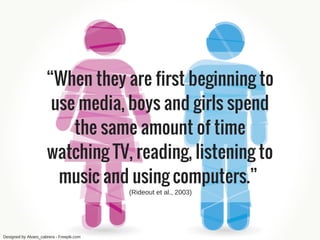 “When they are first beginning to
use media, boys and girls spend
the same amount of time
watching TV, reading, listening to
music and using computers.”
Designed by Alvaro_cabrera ­ Freepik.com
(Rideout et al., 2003)
 