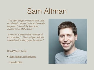 RECAP 
• Have clear motives (have a goal, and a plan) 
• Understand the implications of power-law returns: 
• Find one deal that will make the majority of 
your gains 
• Build a portfolio of many high-potential 
investments 
• Add value; earn referrals from your portfolio executives 
 