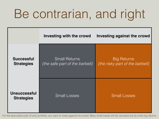 A NOTE ON INVESTMENT 
SIZE • AngelList has investments with minimums as low as $1k; most 
serious seed startups have $10-25k minimums 
• Early on, make the same size investment in each company 
• This suggests that you need at least 20-40k of investment 
capital set aside for Syndicates; and 400k-1m for direct 
investment 
• If possible, save 1-2x for follow-on (click the highlight for a 
definition) — maintaining or growing your ownership in winners 
is the best way to maximize returns 
• Early on, follow on when a new, experienced investor leads a 
new round in the company at a higher valuation 
 