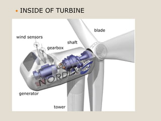    INSIDE OF TURBINE


                                  blade
wind sensors
                          shaft
                gearbox




    generator


                  tower
 