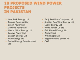 18 PROPOSED WIND POWER
PROJECTS
IN PAKISTAN

   New Park Energy Ltd            Fauji Fertilizer Company Ltd
   Tenaga Generasi Ltd            Arabian Sea Wind Energy Ltd
   Green Power Ltd                Lucky Energy Ltd
   Dawood Power Ltd               Metro Power Co Ltd
   Master Wind Energy Ltd         Gul Ahmed Energy Ltd
   Zephyr Power Ltd               Zorlu Enerji
   Beacon Energy Ltd              Wind Eagle Ltd
   HOM Energy Ltd                 Sapphire Wind power ltd
   Sachal Energy Development      CWE
    Ltd
 