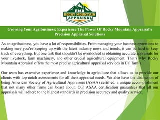 Growing Your Agribusiness: Experience The Power Of Rocky Mountain Appraisal's
Precision Appraisal Solutions
As an agribusiness, you have a lot of responsibilities. From managing your business operations to
making sure you’re keeping up with the latest industry news and trends, it can be hard to keep
track of everything. But one task that shouldn’t be overlooked is obtaining accurate appraisals for
your livestock, farm machinery, and other crucial agricultural equipment. That’s why Rocky
Mountain Appraisal offers the most precise agricultural appraisal services in California.
Our team has extensive experience and knowledge in agriculture that allows us to provide our
clients with top-notch assessments for all their appraisal needs. We also have the distinction of
being American Society of Agricultural Appraisers (ASAA) certified, a unique accomplishment
that not many other firms can boast about. Our ASAA certification guarantees that all our
appraisals will adhere to the highest standards in precision accuracy and quality service.
 