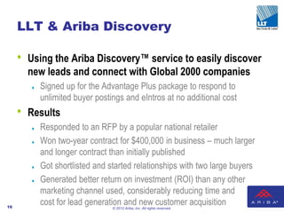LLT & Ariba Discovery

     •   Using the Ariba Discovery™ service to easily discover
         new leads and connect with Global 2000 companies
            Signed up for the Advantage Plus package to respond to
             unlimited buyer postings and eIntros at no additional cost
     •   Results
            Responded to an RFP by a popular national retailer
            Won two-year contract for $400,000 in business – much larger
             and longer contract than initially published
            Got shortlisted and started relationships with two large buyers
            Generated better return on investment (ROI) than any other
             marketing channel used, considerably reducing time and
16
             cost for lead generation and new customer acquisition
                                  © 2012 Ariba, Inc. All rights reserved.
 