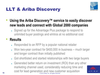 LLT & Ariba Discovery

     •   Using the Ariba Discovery™ service to easily discover
         new leads and connect with ...