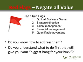 Red Flags – Negate all Value
Top 5 Red Flags
1. Do it all Business Owner
2. Strategic direction
3. Talent management
4. Financial management
5. Quantifiable advantage

• Do you know how to address them?
• Do you understand what to do first that will
give you your “biggest bang for your buck”?

 