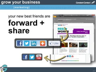 © 2013
grow your business
forward +
share
your new best friends are
titleintro[marketing]goals&objectivescampaigns&channelsresults
 