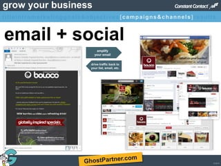 © 2013
grow your business
email + social
amplify
your email
drive traffic back to
your list, email, etc.
titleintromarketinggoals&objectives [campaigns&channels]results
 