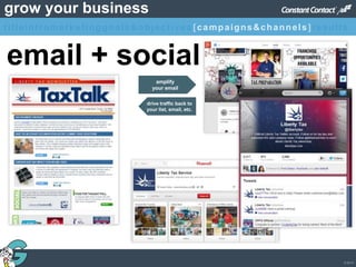 © 2013
grow your business
email + social
amplify
your email
drive traffic back to
your list, email, etc.
titleintromarketinggoals&objectives [campaigns&channels]results
 
