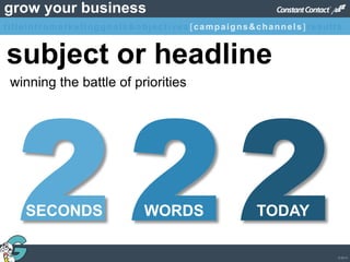 © 2013
grow your business
SECONDS WORDS TODAY
subject or headline
winning the battle of priorities
titleintromarketinggoals&objectives [campaigns&channels]results
 
