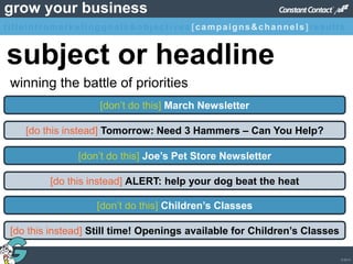 © 2013
grow your business
subject or headline
winning the battle of priorities
[don’t do this] March Newsletter
[do this instead] Tomorrow: Need 3 Hammers – Can You Help?
[don’t do this] Joe’s Pet Store Newsletter
[do this instead] ALERT: help your dog beat the heat
[don’t do this] Children’s Classes
[do this instead] Still time! Openings available for Children’s Classes
titleintromarketinggoals&objectives [campaigns&channels]results
 