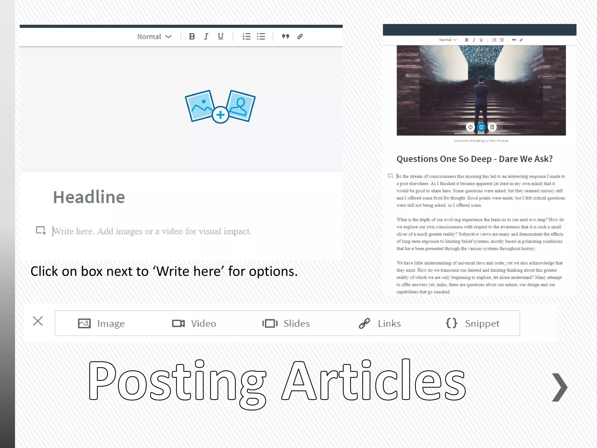 Click on box next to ‘Write here’ for options.
 