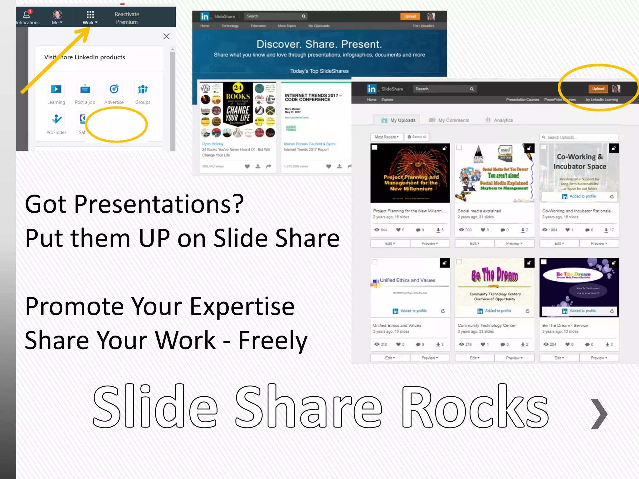 Got Presentations?
Put them UP on Slide Share
Promote Your Expertise
Share Your Work - Freely
 