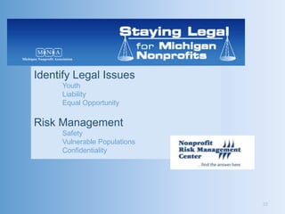Identify Legal Issues
     Youth
     Liability
     Equal Opportunity

Risk Management
     Safety
     Vulnerable Populations
     Confidentiality




                              33
 