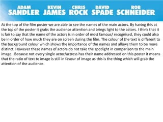 At the top of the film poster we are able to see the names of the main actors. By having this at
the top of the poster it grabs the audience attention and brings light to the actors. I think that it
is fair to say that the name of the actors is in order of most famous/ recognised, they could also
be in order of how much they are on screen during the film. The colour of the text is different to
the background colour which shows the importance of the names and allows them to be more
distinct. However these names of actors do not take the spotlight in comparison to the main
image. Because not every single actor/actress has their name addressed on this poster it means
that the ratio of text to image is still in favour of image as this is the thing which will grab the
attention of the audience.
 
