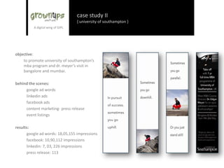 search engine marketing
{ case study }
client: dr. c v raman university
campaign: invite applications for “open & distance learning education”
objective: to attract admissions and applicants for distance learning courses and
promote cvru as a leading university in the targeted states
approach: with a budget of Rs. 4 lac., using google and facebook for promotions we
categorized our ads into four categories and ran display and text ads on google
and facebook
 