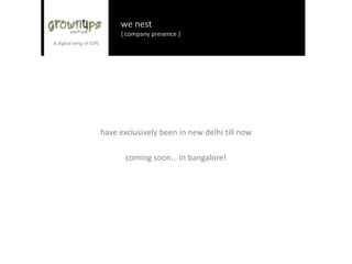 we nest
{ company presence }
have exclusively been in new delhi till now
coming soon… in bangalore!
 