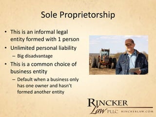 Sole Proprietorship
• This is an informal legal
entity formed with 1 person
• Unlimited personal liability
– Big disadvantage
• This is a common choice of
business entity
– Default when a business only
has one owner and hasn’t
formed another entity
 