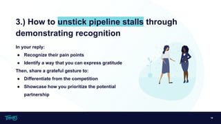 18
3.) How to unstick pipeline stalls through
demonstrating recognition
In your reply:
● Recognize their pain points
● Identify a way that you can express gratitude
Then, share a grateful gesture to:
● Differentiate from the competition
● Showcase how you prioritize the potential
partnership
 