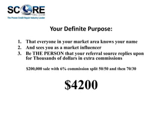 Your Definite Purpose:
1. That everyone in your market area knows your name
2. And sees you as a market influencer
3. Be THE PERSON that your referral source replies upon
for Thousands of dollars in extra commissions
$200,000 sale with 6% commission split 50/50 and then 70/30

$4200

 