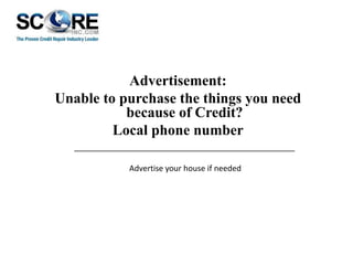 Advertisement:
Unable to purchase the things you need
because of Credit?
Local phone number
__________________________________________________
Advertise your house if needed

 