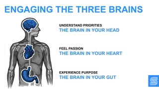UNDERSTAND PRIORITIES
THE BRAIN IN YOUR HEAD
FEEL PASSION
THE BRAIN IN YOUR HEART
EXPERIENCE PURPOSE
THE BRAIN IN YOUR GUT
ENGAGING THE THREE BRAINS
 