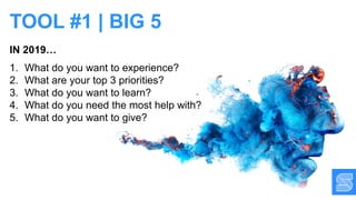 1. What do you want to experience?
2. What are your top 3 priorities?
3. What do you want to learn?
4. What do you need the most help with?
5. What do you want to give?
IN 2019…
TOOL #1 | BIG 5
 