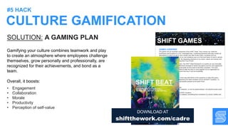 CULTURE GAMIFICATION
#5 HACK
DOWNLOAD AT
shiftthework.com/cadre
SOLUTION: A GAMING PLAN
Gamifying your culture combines teamwork and play
to create an atmosphere where employees challenge
themselves, grow personally and professionally, are
recognized for their achievements, and bond as a
team.
Overall, it boosts:
• Engagement
• Collaboration
• Morale
• Productivity
• Perception of self-value
 
