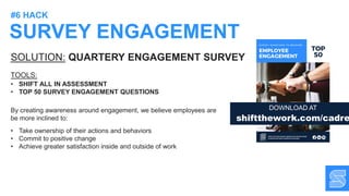 By creating awareness around engagement, we believe employees are
be more inclined to:
• Take ownership of their actions and behaviors
• Commit to positive change
• Achieve greater satisfaction inside and outside of work
SURVEY ENGAGEMENT
#6 HACK
DOWNLOAD AT
shiftthework.com/cadre
SOLUTION: QUARTERY ENGAGEMENT SURVEY
TOOLS:
• SHIFT ALL IN ASSESSMENT
• TOP 50 SURVEY ENGAGEMENT QUESTIONS
 