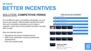 BETTER INCENTIVES
#8 HACK
It’s not difficult to gain a competitive advantage, you just
have to get creative. Offering better benefits and perks
than your competitors empowers you to create a
magnetic culture that not only attracts top talent, but gets
them to stay!
Here are potential options:
• Recognize and reward employee tenure
• Offer micro certification courses (professional
development)
• Give your people equity
SOLUTION: COMPETITIVE PERKS
Shift Your Work
12 Week Training
Welcome to the Shift Your Work Course from Joe Mechlinski, CEO at
SHIFT.
70% of the American workforce is disengaged.
 