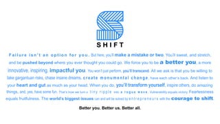 F a i l u r e i s n ’ t a n o p t i o n f o r y o u . But here, you’ll make a mistake or two. You’ll sweat, and stretch,
and be pushed beyond where you ever thought you could go. We force you to be a better you, a more
innovative, inspiring, impactful you. You won’t just perform, you’ll transcend. All we ask is that you be willing to
take gargantuan risks, chase insane dreams, creat e m o n u m en t al ch an g e, have each other’s back. And listen to
your heart and gut as much as your head. When you do, you’ll transform yourself, inspire others, do amazing
things, and, yes, have some fun. That’s how we turn a t i n y r i p p l e into a r o g u e w a v e . Vulnerability equals victory. Fearlessness
equals fruitfulness. The world’s biggest issues can and will be solved by e n t r e p r e n e u r s with the courage to shift.
Better you. Better us. Better all.
 
