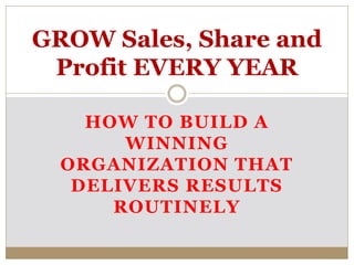 HOW TO BUILD A
WINNING
ORGANIZATION THAT
DELIVERS RESULTS
ROUTINELY
GROW Sales, Share and
Profit EVERY YEAR
 
