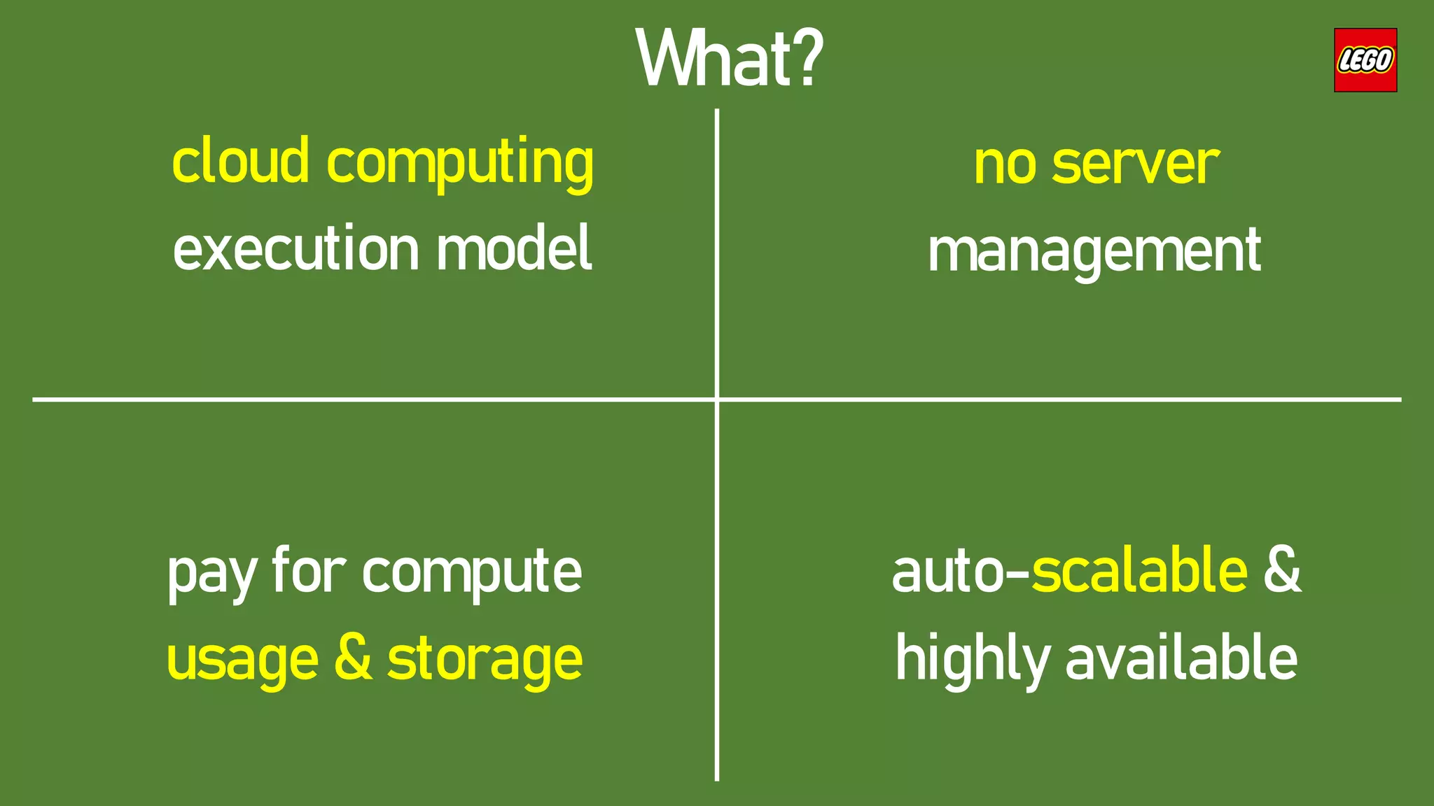 cloud computing
execution model
pay for compute
usage & storage
auto-scalable &
highly available
no server
management
What?
 
